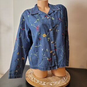 Vintage Denim Jacket With Floral Embroidery & Button Closure Collared Design